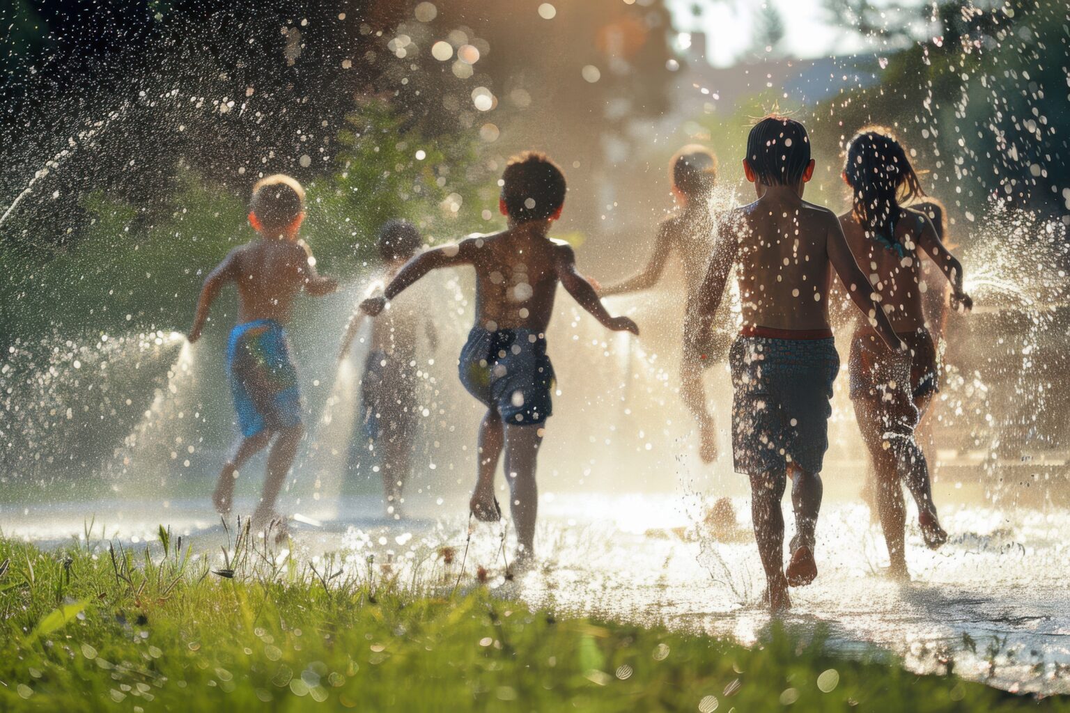 Des enfants courent à travers des jets d'eau pendant la saison d'été.